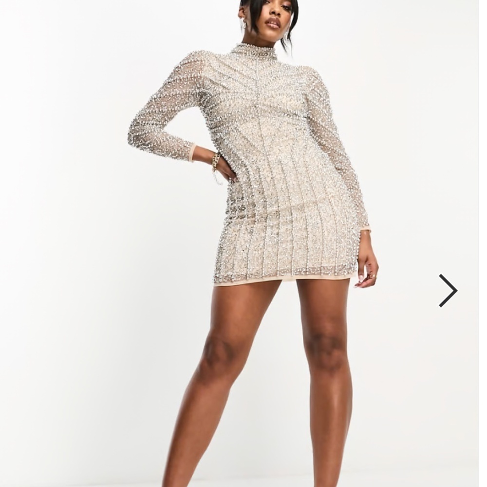 Starlet embellished mini dress with illusion detail in beige